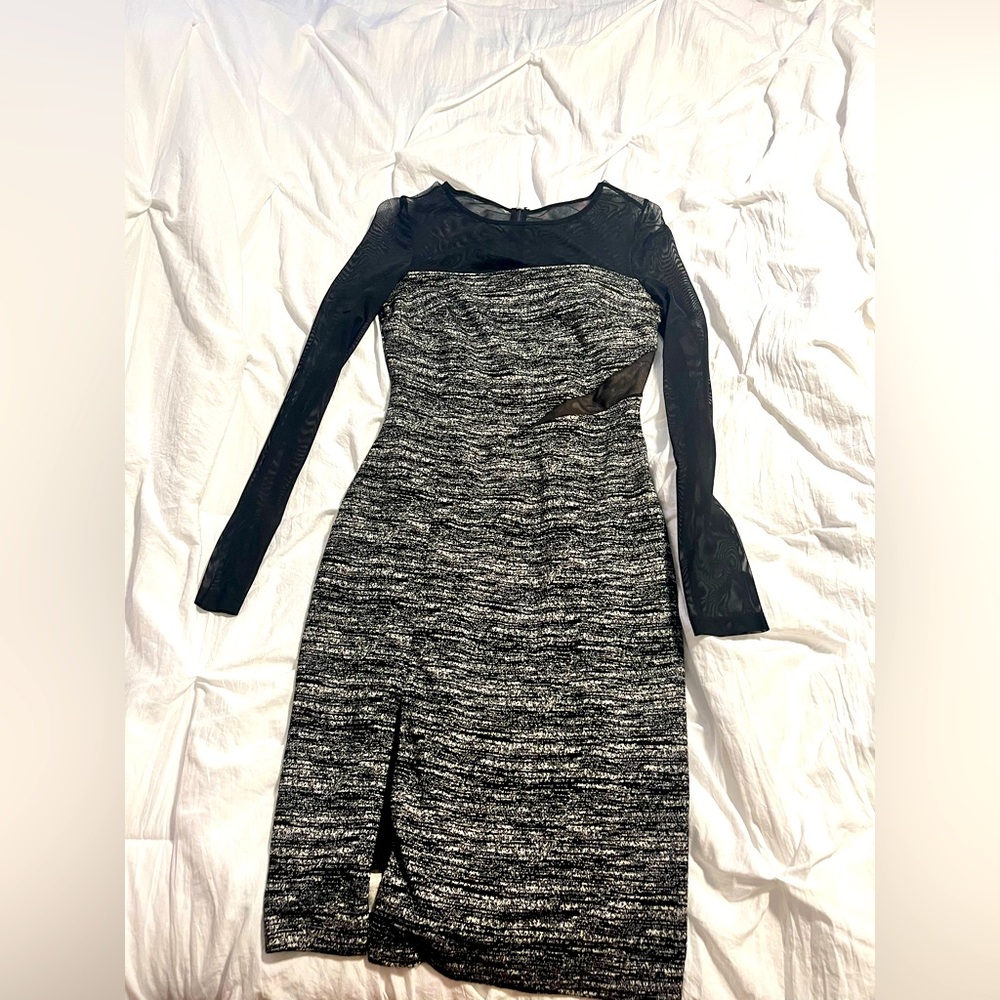 Black and grey sheer top midi dress with sheer detail at the waist and high slit
